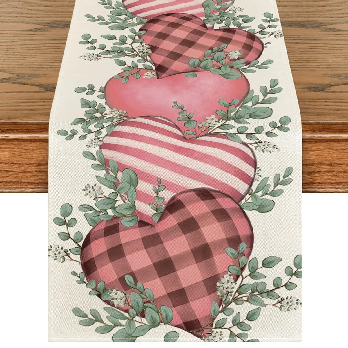 Pink Eucalyptus Hearts Valentine'S Table Runner, Anniversary Holikitchen Dining Table Decoration For Home Party Decor 13X90 Inch