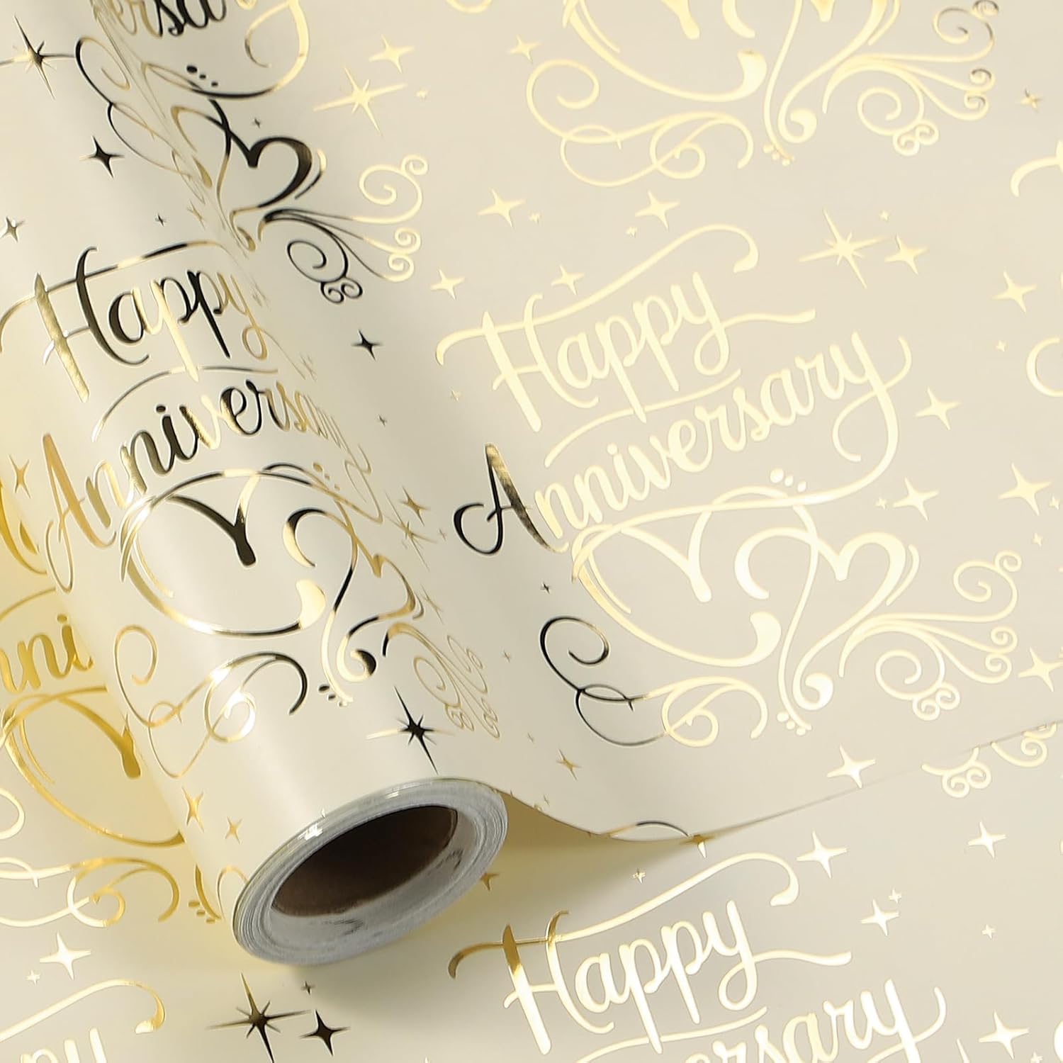 Happy Anniversary Wrapping Paper Roll, Gold Foil Anniversary & Hearts, Golden Wedding Anniversary Party Favors For Couple, Friends, Parents, Mini Roll, 17 Inches X 16.4 Feet