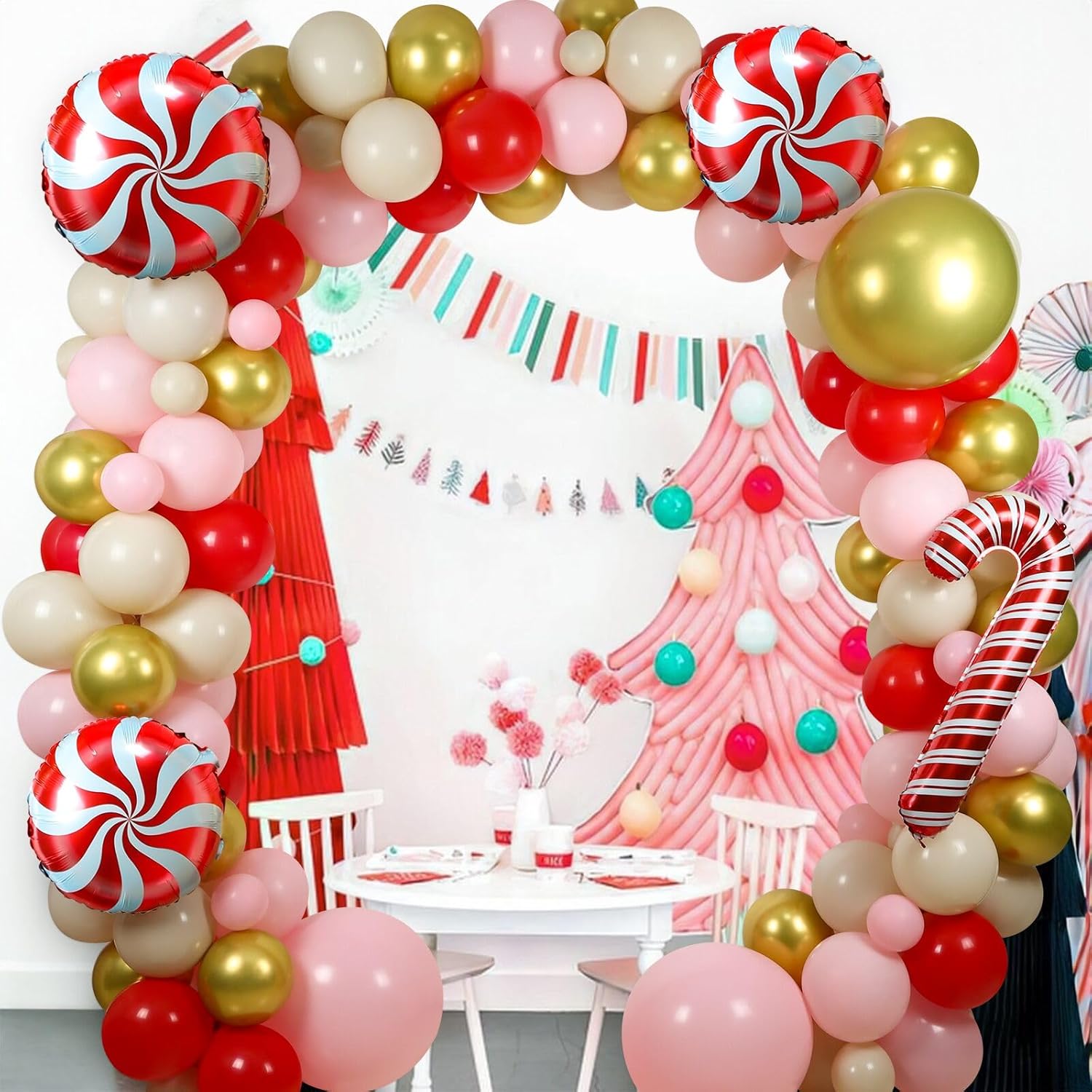 Christmas Balloon Garland Arch Kit, 129Pcs Red Pink Balloons With Candy Cane Foil Balloons For Christmas Party Decorations