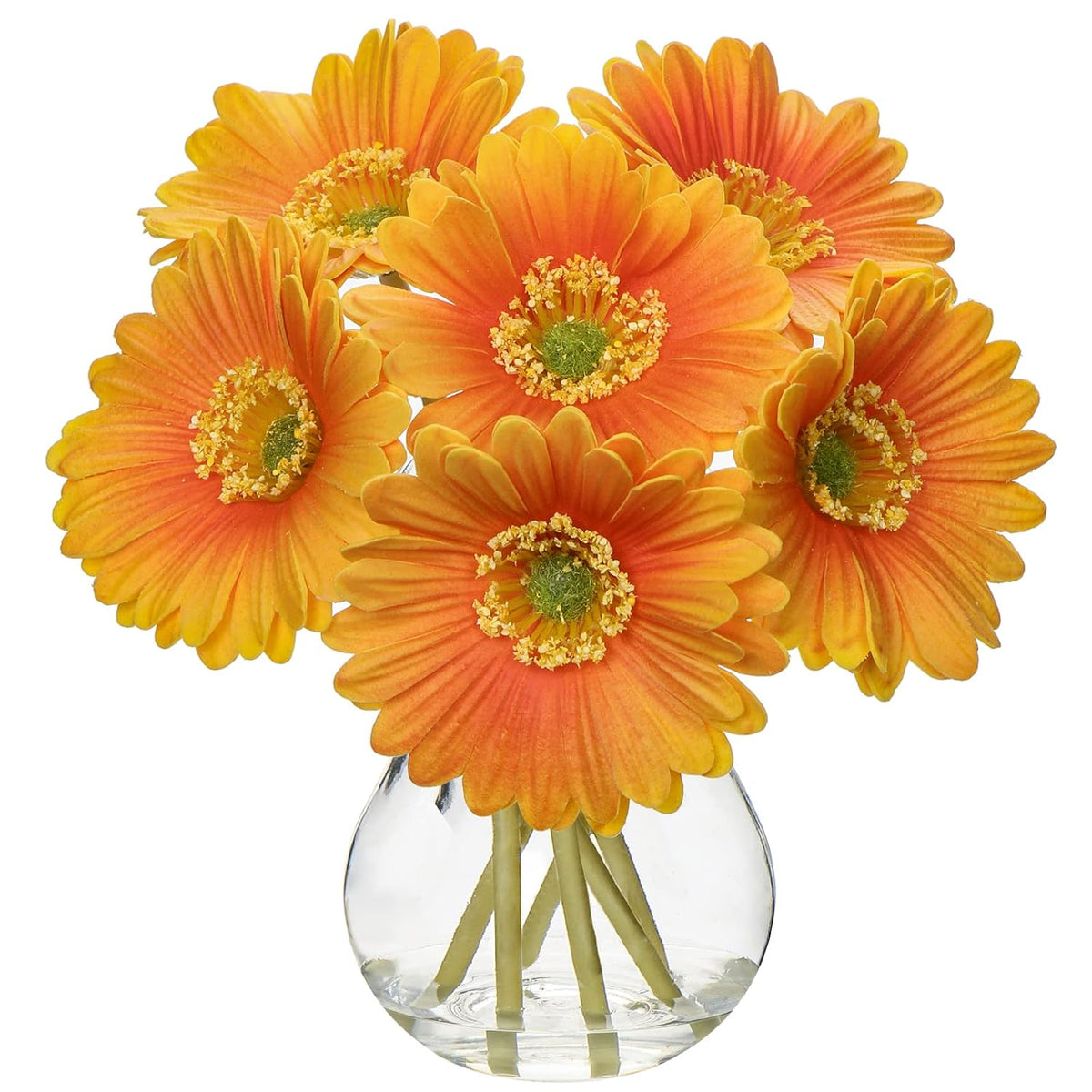 Gerbera Daisy Artificial Flowers, Fake Flowers In Glass Vase With Faux Water,Real Touch Silk Flowers With Stem For Home Bookshelf Tabletop Bathroom Decorations,Orange