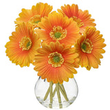 Gerbera Daisy Artificial Flowers, Fake Flowers In Glass Vase With Faux Water,Real Touch Silk Flowers With Stem For Home Bookshelf Tabletop Bathroom Decorations,Orange