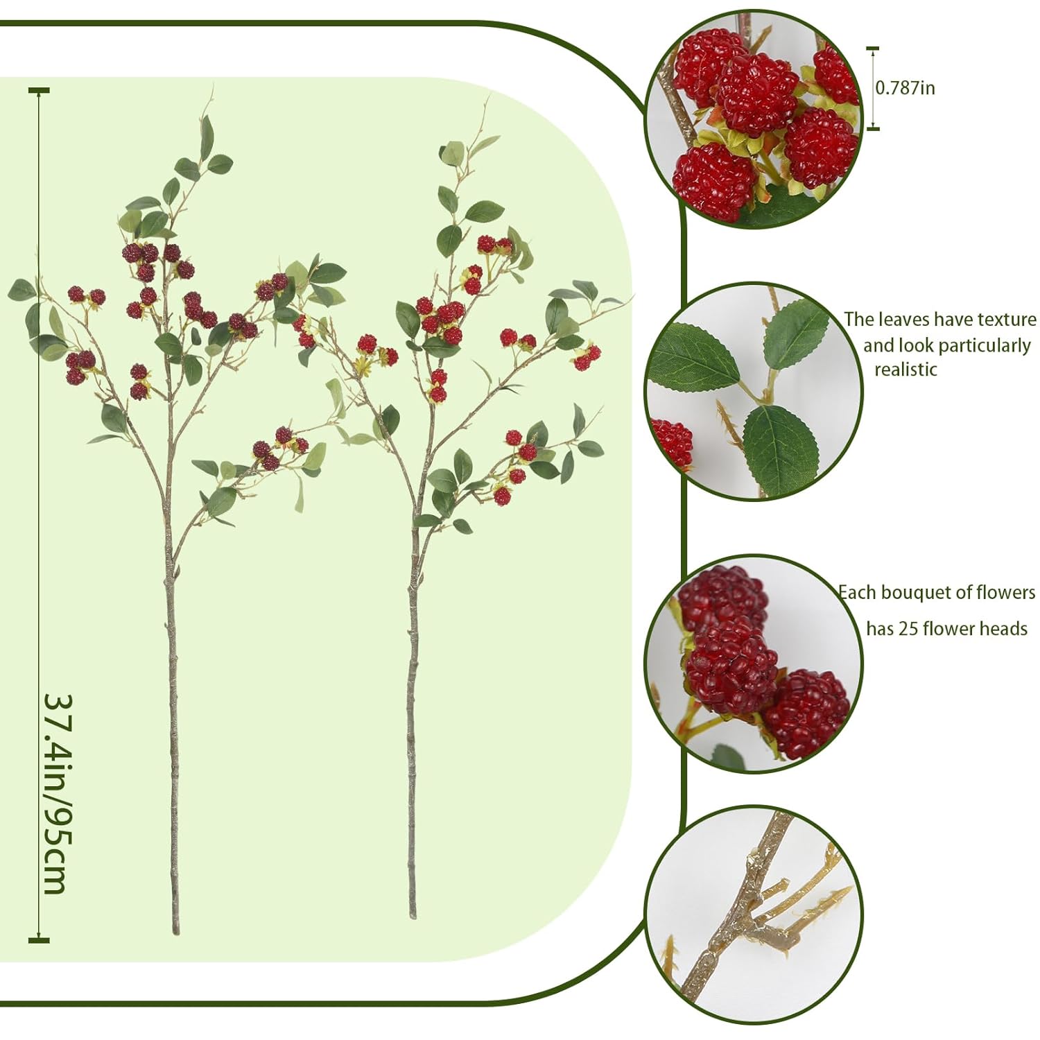 2 Pcs Faux Berry Stems Realistic Red Raspberry Berries Flowers Faux Berry Picks Artificial Flowers Branches For Indoor Home Decor Vase Thanksgiving Farmhouse Christmas Diy Mantel Harvest