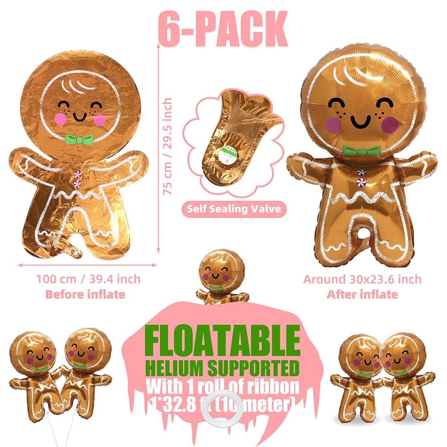 Jumbo Gingerbread Man Xmas Foil Party Balloons, 6 Pack Merry Christmas Mylar Helium Large Gingerbread Man Kids Balloon For New Year Eve Holiday Festival Birthday Party Decorations Supplies