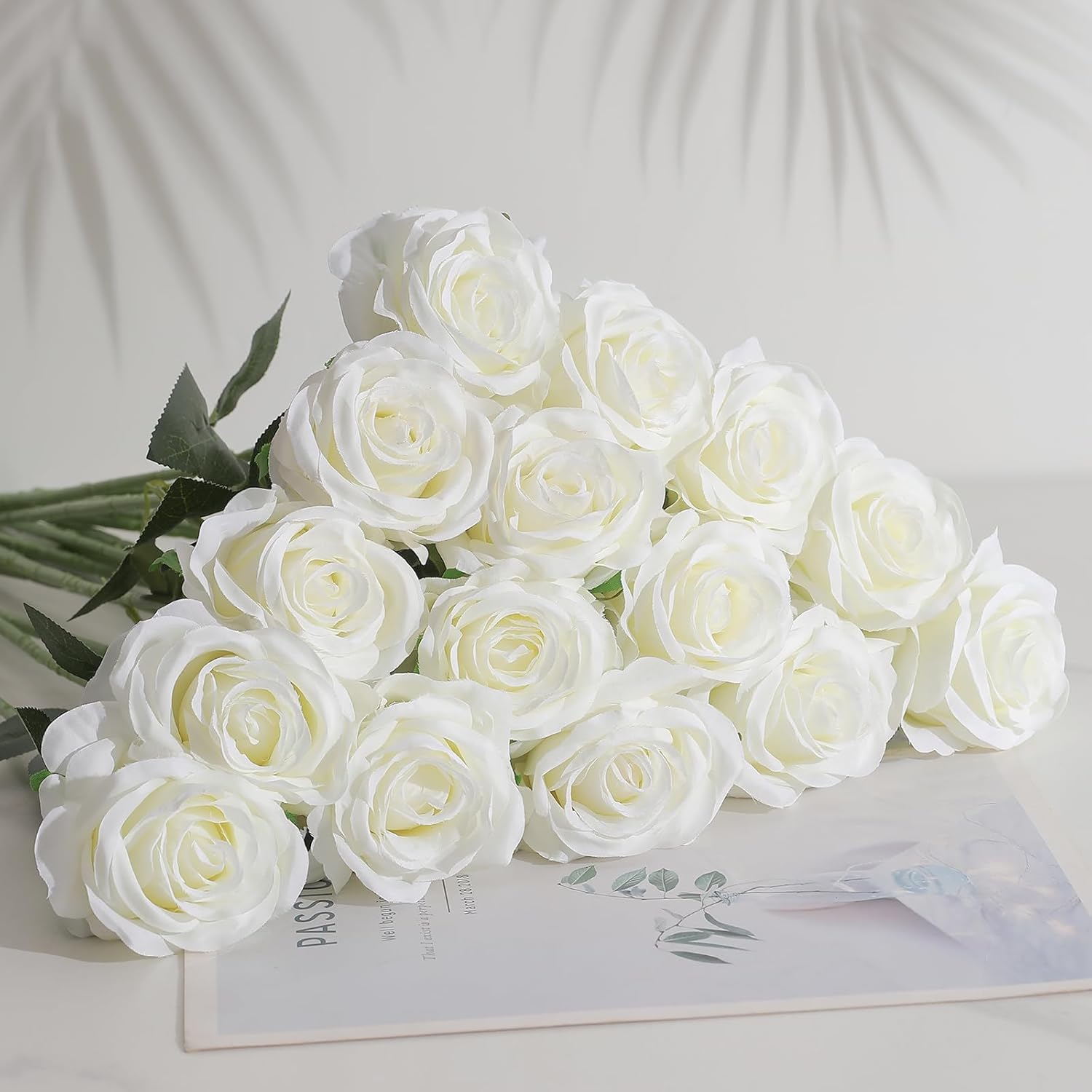 36Pcs Artificial Roses Realistic Fake Flowers Bulk Long Stem Silk Faux Roses Bouquet For Wedding Diy Home Decor Bridal Table Centerpieces Party Arrangements Gifts(White)
