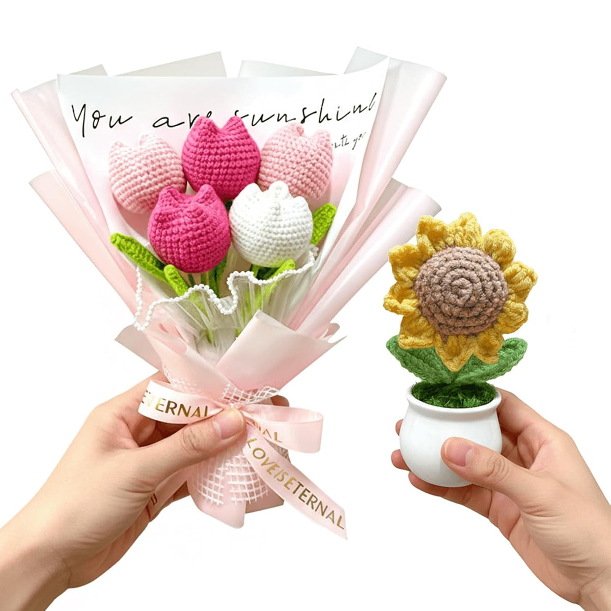 Handmade Crochet Flower Bouquet - Pink Knitted Tulips,Forever Flowers Gift For Mother'S Day, Birthday, Anniversary,Graduation,Hypoallergenic Home & Desk Decor (With Sunflower)