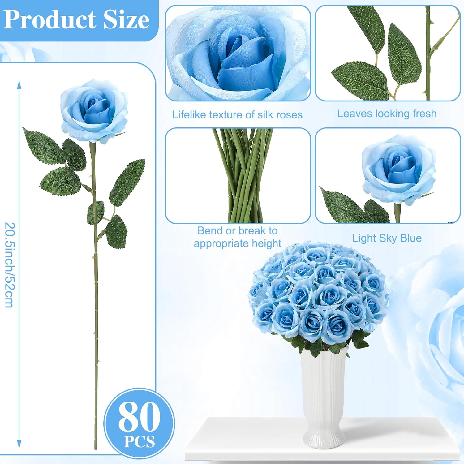 80 Pcs Roses Artificial Flowers, Silk Light Sky Blue Artificial Flowers Petals Long Stem Roses For Wedding Bouquet Home Party Decor