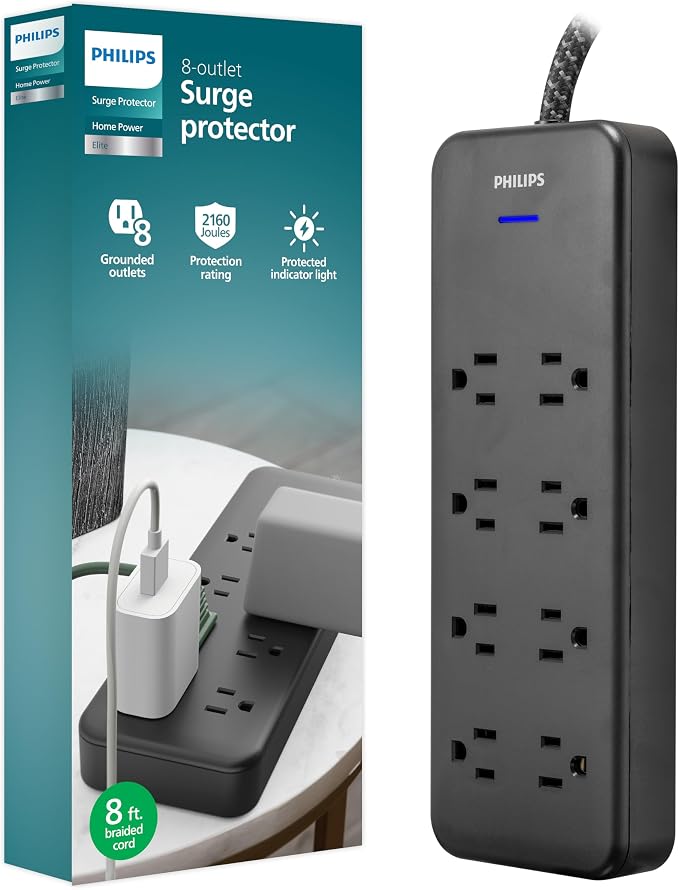 Surge Protector Power Strip 8 Outlets 8FT Braided Extension Cord 2160J Flat Plug Black