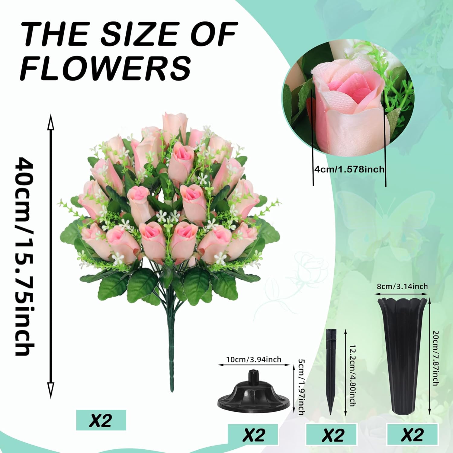 Cemetery Flowers For Grave,2 Sets Grave Rose Flowers Bouquets With Vases For Cemetery Grave Decorations Uv Resistant Non-Fading Easy Fit (Pink)