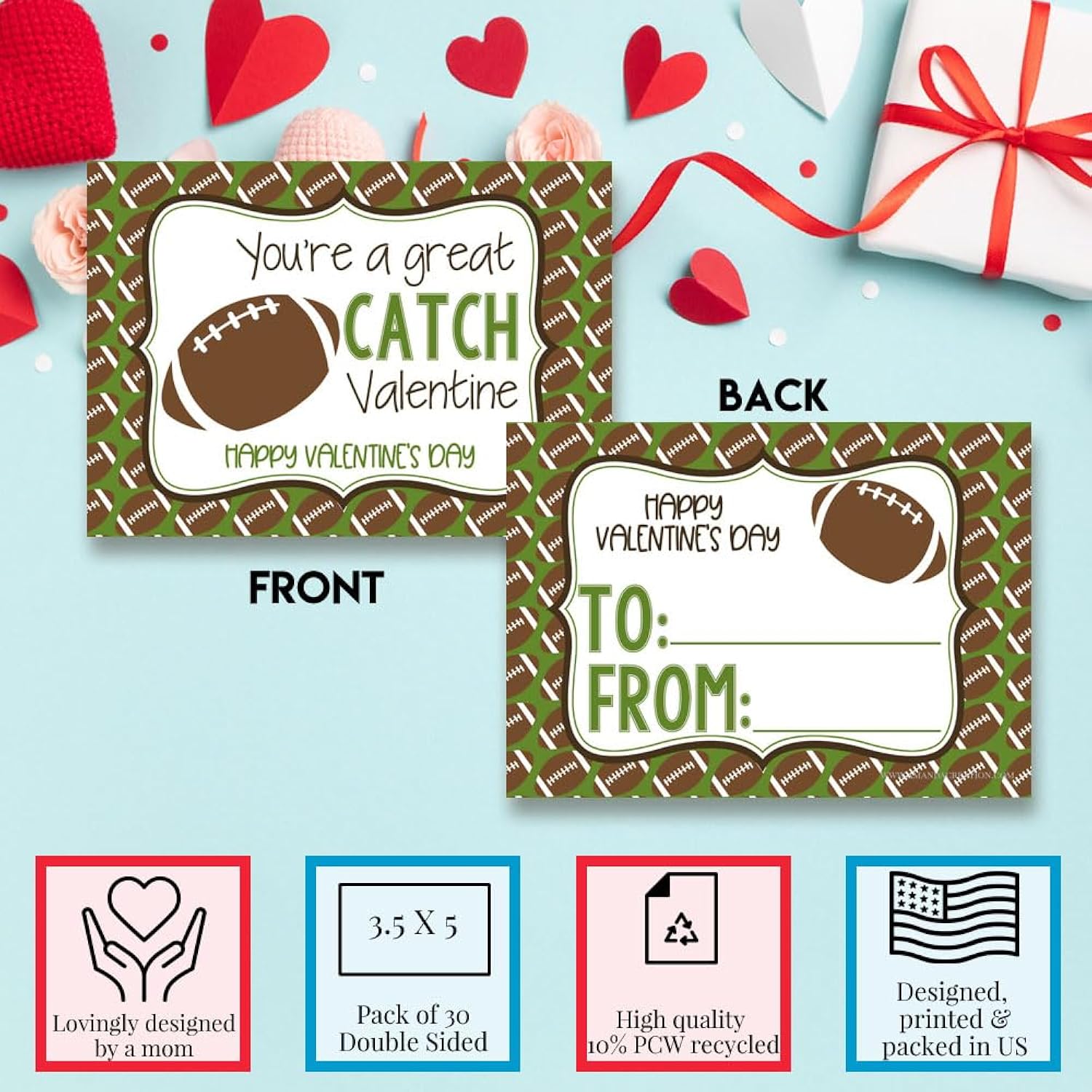 You'Re A Great Catch Football Themed Valentine'S Day Cards For Kids To Give To Friends & Classmates, Thirty (30) 3.5" X 5" Fill In Cards (Without Envelopes) By Amandacreation