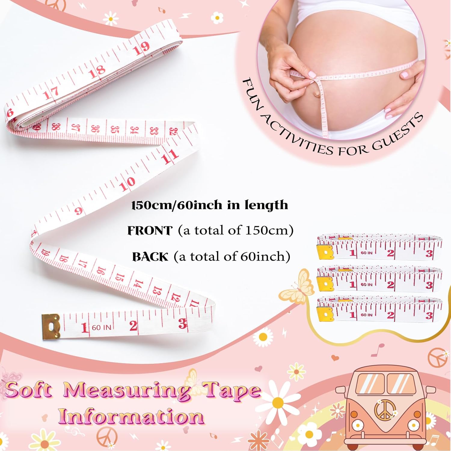 64 Pcs Guess Baby Shower Games Include How Big Is Mommy'S Belly Sign 50 Guessing Cards 10 Pencils 3 Measuring Tapes For Measure The Belly Baby Shower Game Gender Reveal Party (Rainbow)