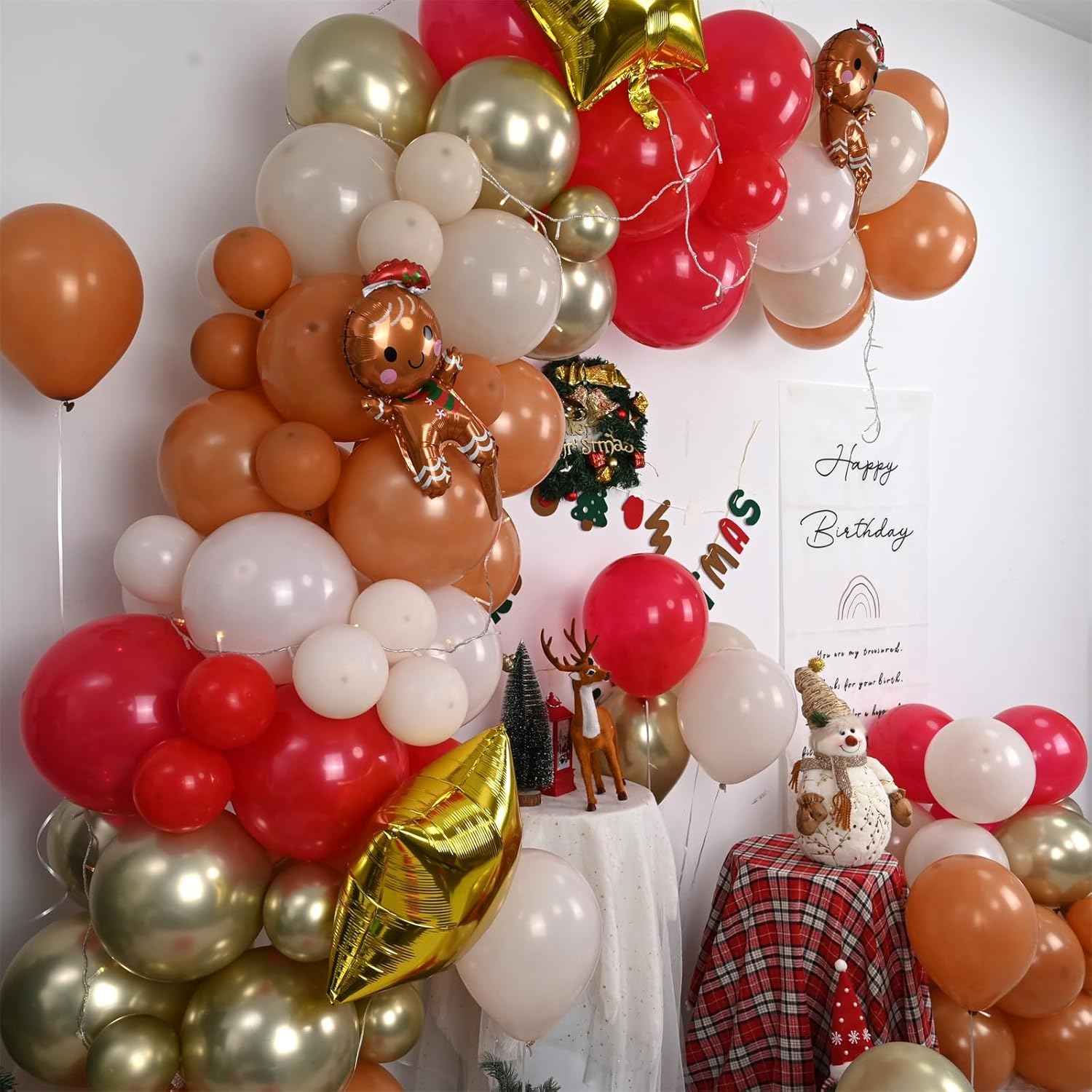 Christmas Balloon Arch Garland Kit, 147Pcs Red Retro Brown Gold Sand White Latex Balloons With Reindeer Star Gingerbread Man Xmas Foil Balloons For Birthday Merry Christmas Party New Year Decorations