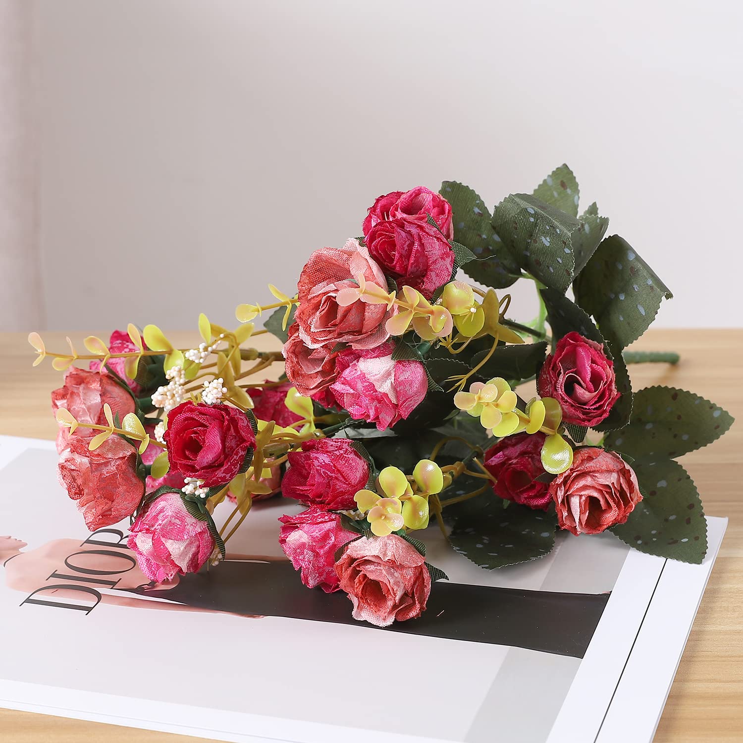 7 Branch 21 Mini Rose Heads Artificial Flowers Bouquet Wedding Home Office Decor,Pack Of 2 (2 Pcs Rose Red)
