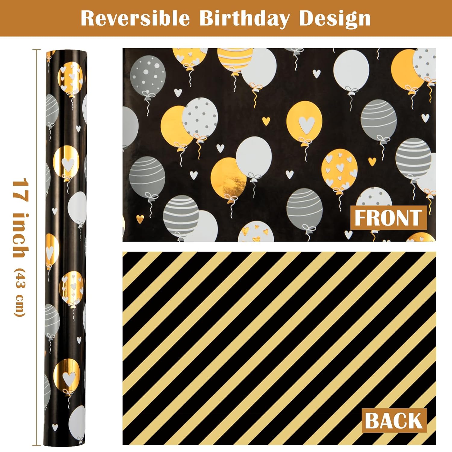 Reversible Birthday Wrapping Paper Roll - Mini Roll - 17 Inch X 10 Feet - Black Gold Balloon Happy Birthday Wrapping Paper Perfect For Adults, Kids, Girls, Boys, Baby Shower