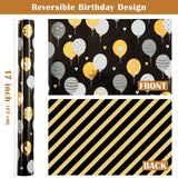 Reversible Birthday Wrapping Paper Roll - Mini Roll - 17 Inch X 10 Feet - Black Gold Balloon Happy Birthday Wrapping Paper Perfect For Adults, Kids, Girls, Boys, Baby Shower