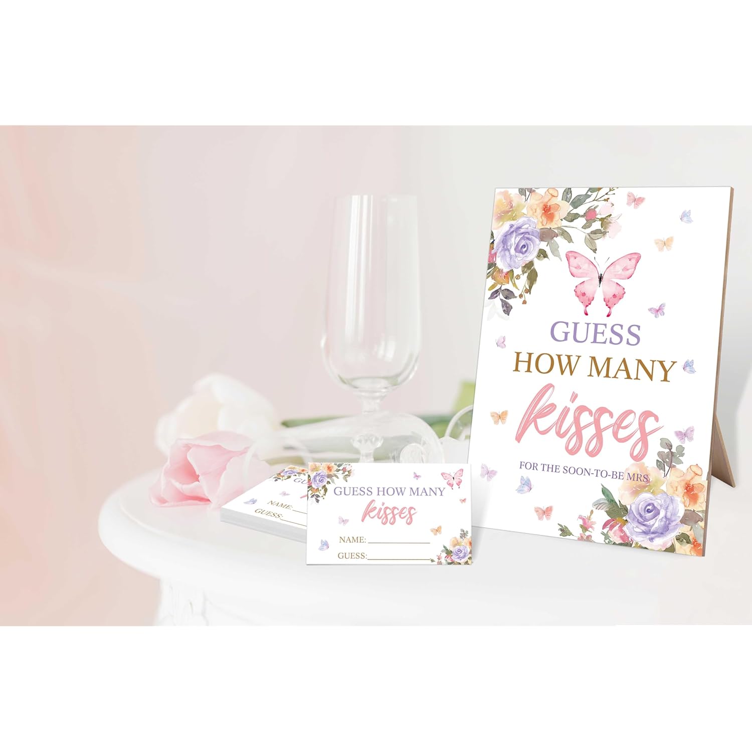 Guess How Many Kisses Bridal Shower Game, 5X8 Blush Pink Purple Butterfly Sign & 50 Cards, Wedding Decor, Wedding Shower Games For Bridal Shower, Engagement Party, Bachelorette Party Night,1