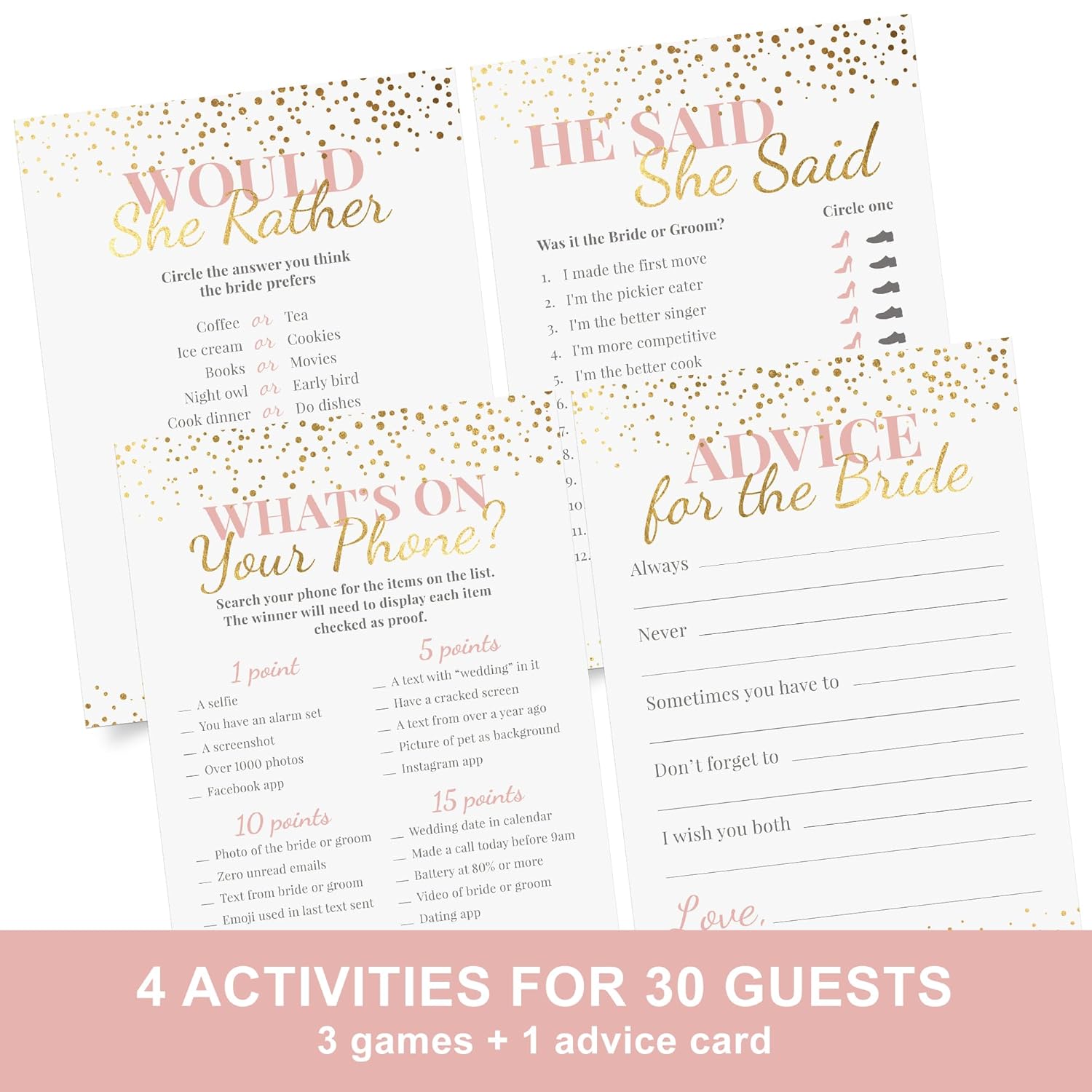 Bridal Shower Games + Advice Cards - For 30 Guests - 4 Activities On Double Sided Cards Includes 3 Games & 1 Advice Card - Pink With Gold Metallic Details For Wedding Showers- Set Of 4 Activities