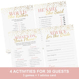 Bridal Shower Games + Advice Cards - For 30 Guests - 4 Activities On Double Sided Cards Includes 3 Games & 1 Advice Card - Pink With Gold Metallic Details For Wedding Showers- Set Of 4 Activities