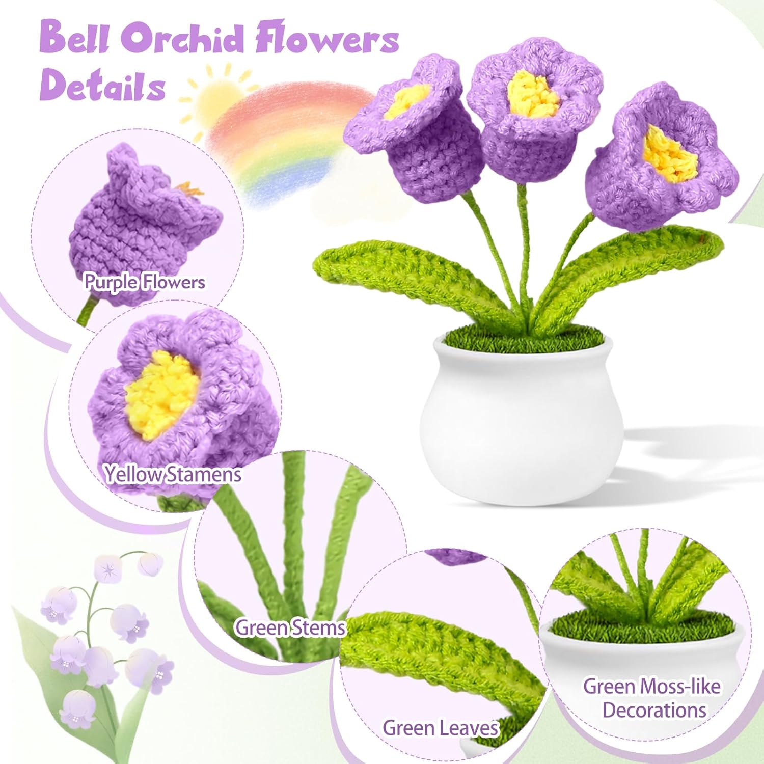 Artificial Bell Orchid Flowers Crochet Flowers, Handmade Crochet 3 Purple Crocheted Flower, Knitted Flower For Home Office Car Decor To Friends Kids Family
