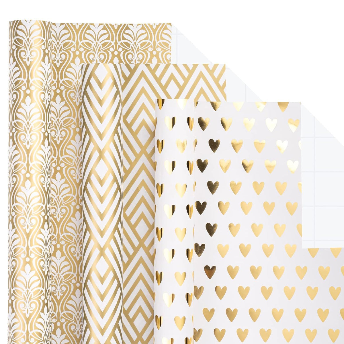 Gold Wrapping Paper Roll, Luxury Metallic Gift Wrap With Heart, Geometric & Floral Pattern For Wedding, Birthday, Anniversary, Bridal Shower, Christmas, Valentines, 17 X 120 Inches, 3Rolls