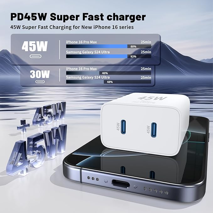 2 Pack 45W Dual Port USB C Fast Charger with 3 6 10FT USB C Cables for iPhone Samsung