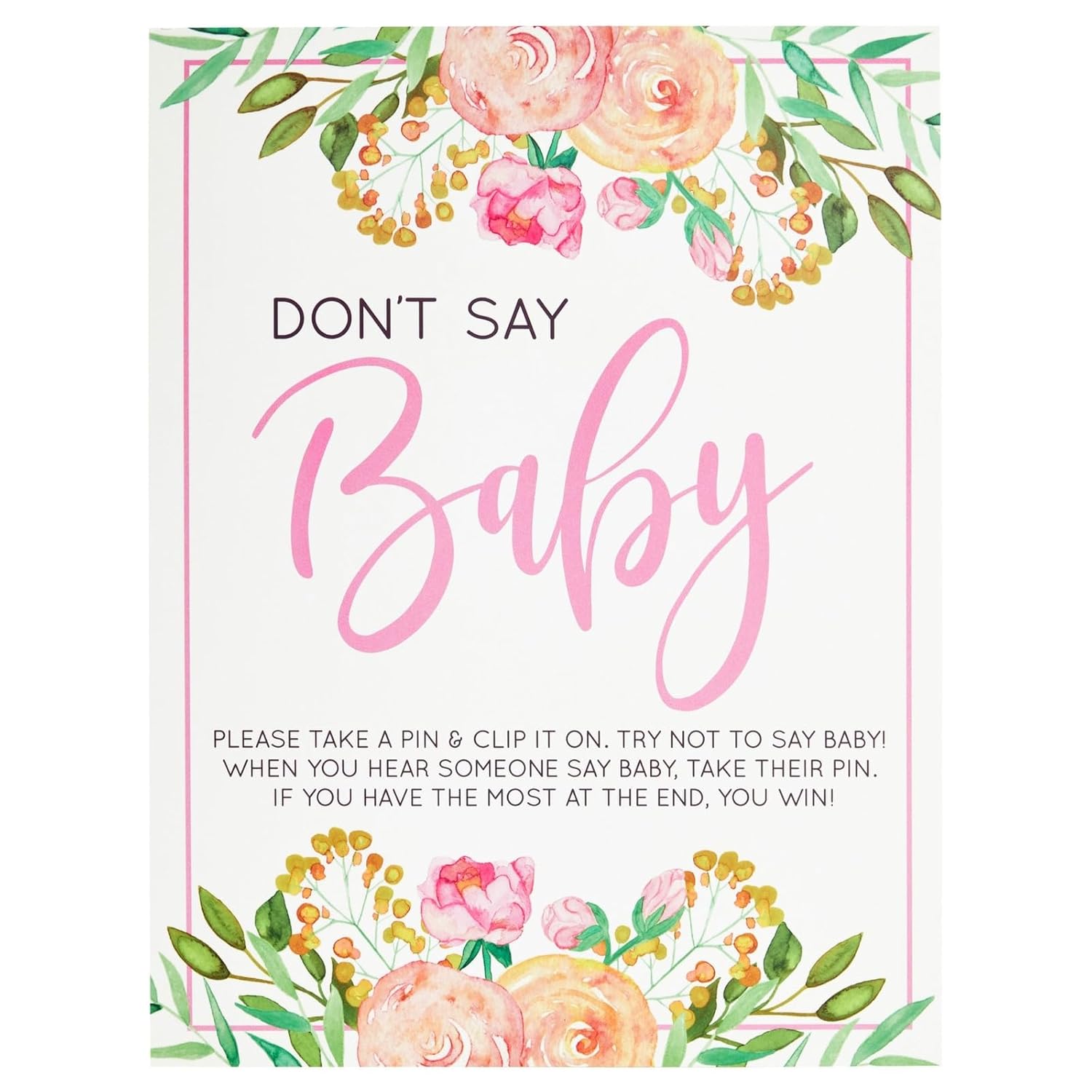 Don'T Say Baby Shower Game Sign - 8 X 10 In, 60 Pink Clothespins & Floral Design For Baby Shower Games For Girl