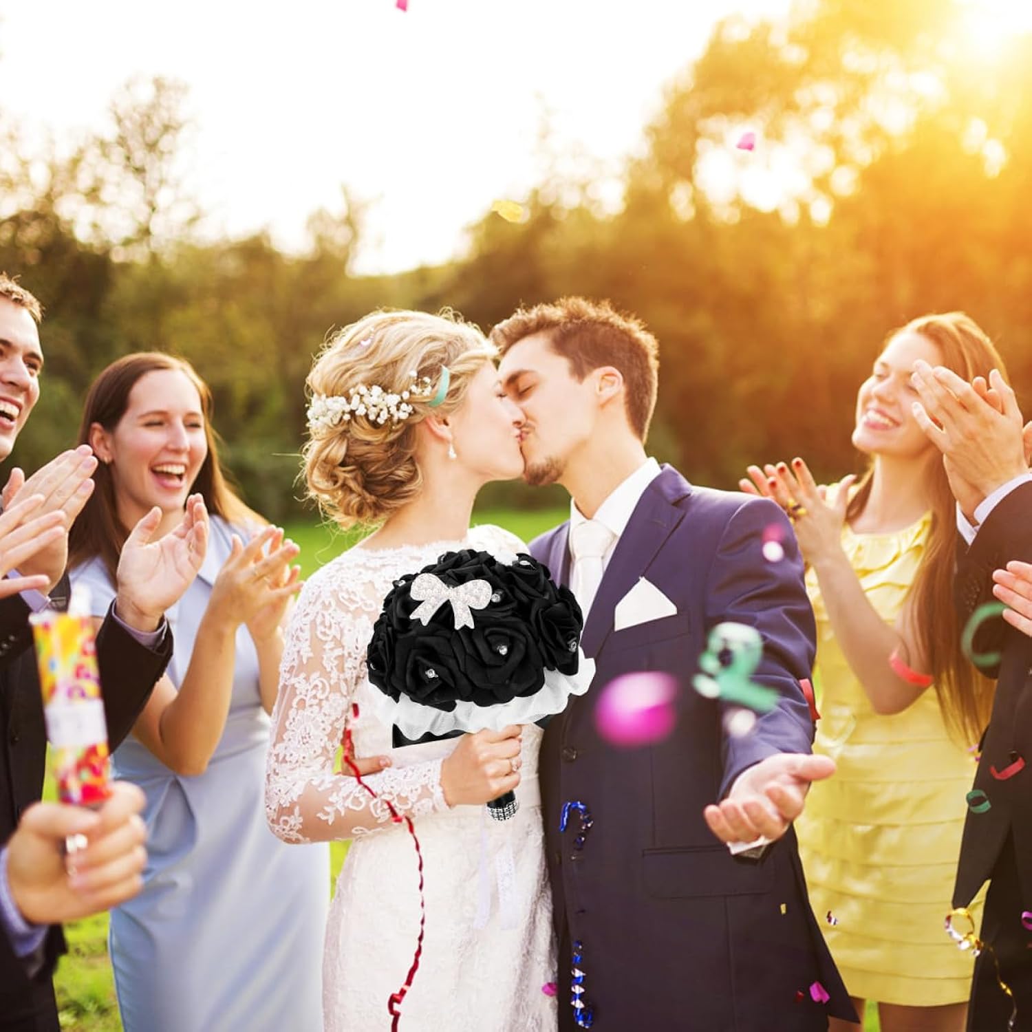 Elegant Black Bridal Wedding Bouquet With Chic Artificial Foam Flowers, Artificial Holding Flowers For Brides And Bridesmaids, Ideal For Weddings, Parties, 9.44X6.29X6.29In