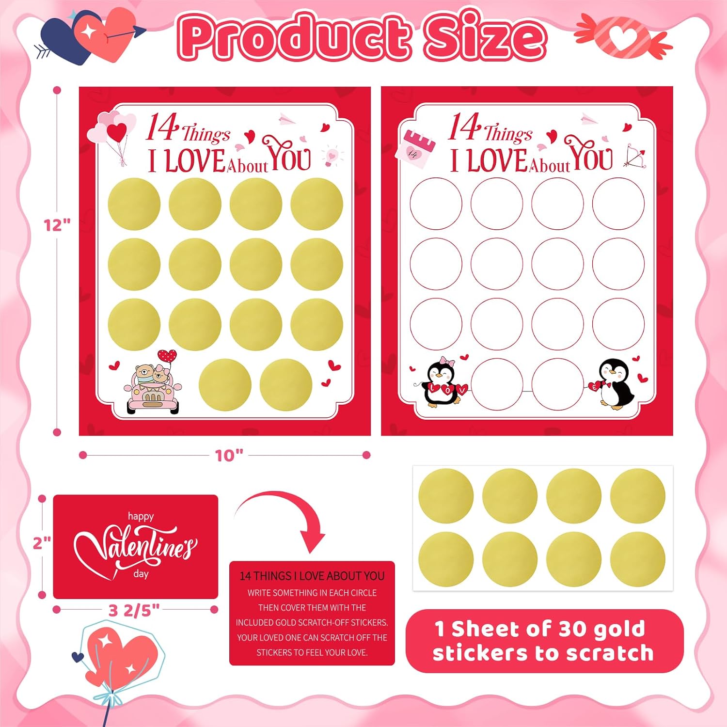 Diy Valentine'S Day 14 Things I Love About You Card For Husband Wife Boyfriend Girlfriend Her Him, 2 Sheets Personalized Valentines Scratch Off Cards Set, Date Night Game Gift Ideas (Red)