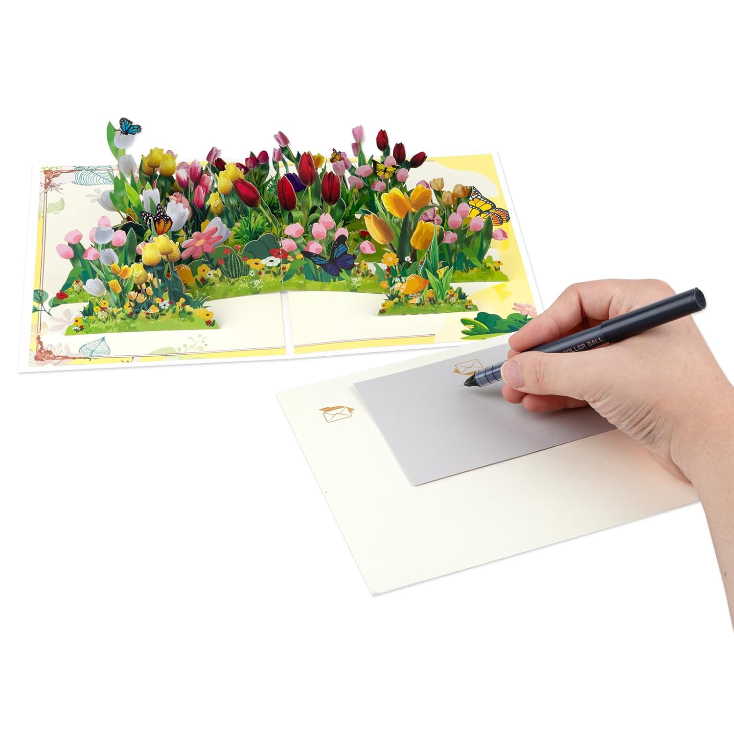 Row Of Tulips Pop Up Paper Flower Bouquet Greeting Cards With Blank Note & Envelope, Ideal Gift For Celebrating Love, Holiday, Birthday, Anniversary, Special Moments, New Home