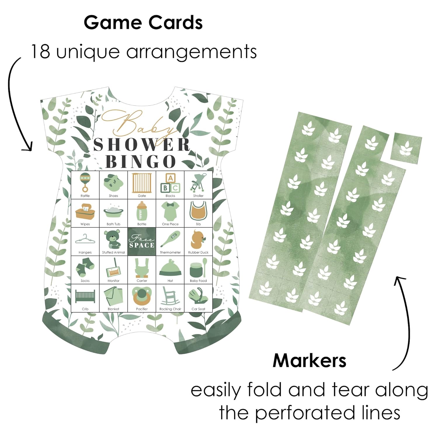 Big Dot of Happiness Boho Botanical Baby Shower Bingo Game - 18 Picture Bingo Cards with Markers, Baby Shower Party Supplies