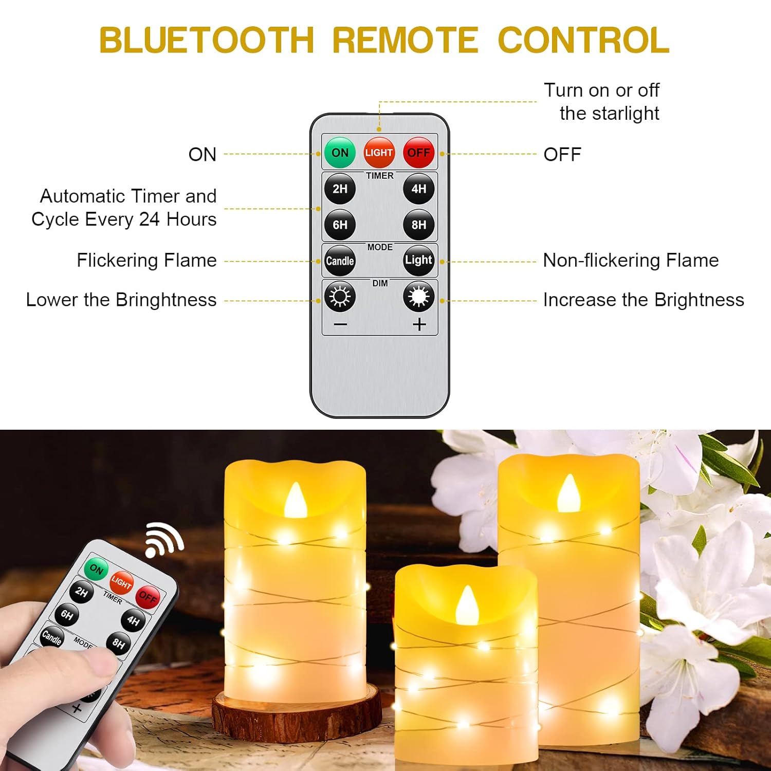Flameless Battery Operated Led Candles With 11 Key Remote Control 24-Hour Timer Set Of 3? With Embedded String Lights Electric Flickering Pillar Real Wax ?Party, Wedding, Home Decoration(Lvory)