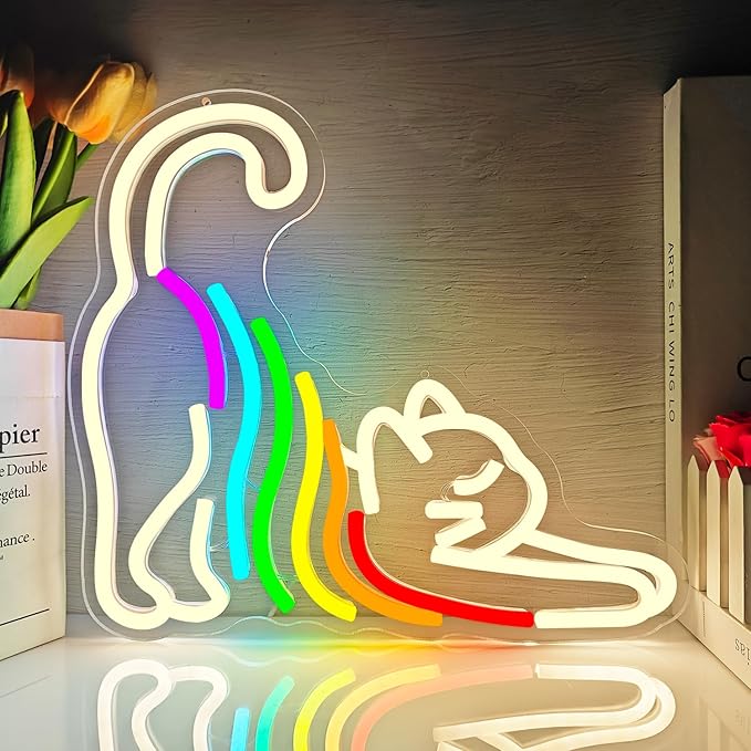 Cat Rainbow Neon Sign Dimmable LED Kitten Wall Light for Bedroom Kawaii Room Decor Gifts for Girls Kids