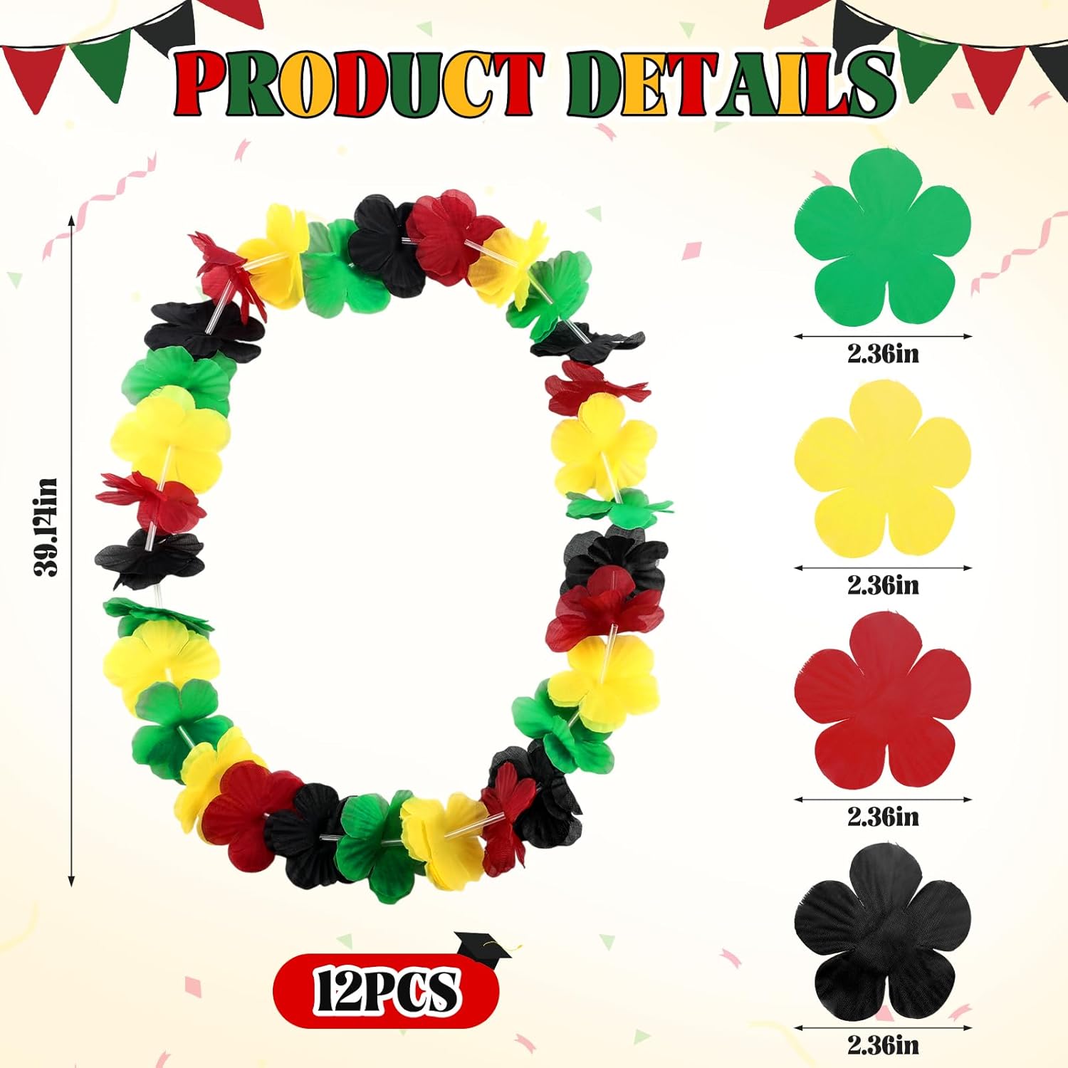 Black History Month Leis Decorations Black History Month Flower Leis Bulk Flower Necklaces Party Supplies Freedom Day Party Decorations(12 Pcs)