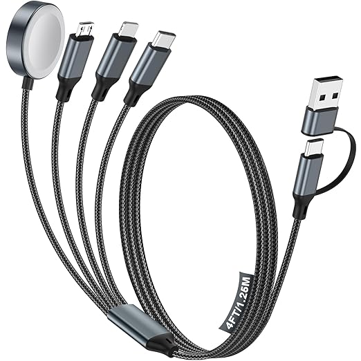 4 in 1 Multi Charging Cable for Apple Watch iPhone Samsung USB C Lightning Micro USB 4FT Black