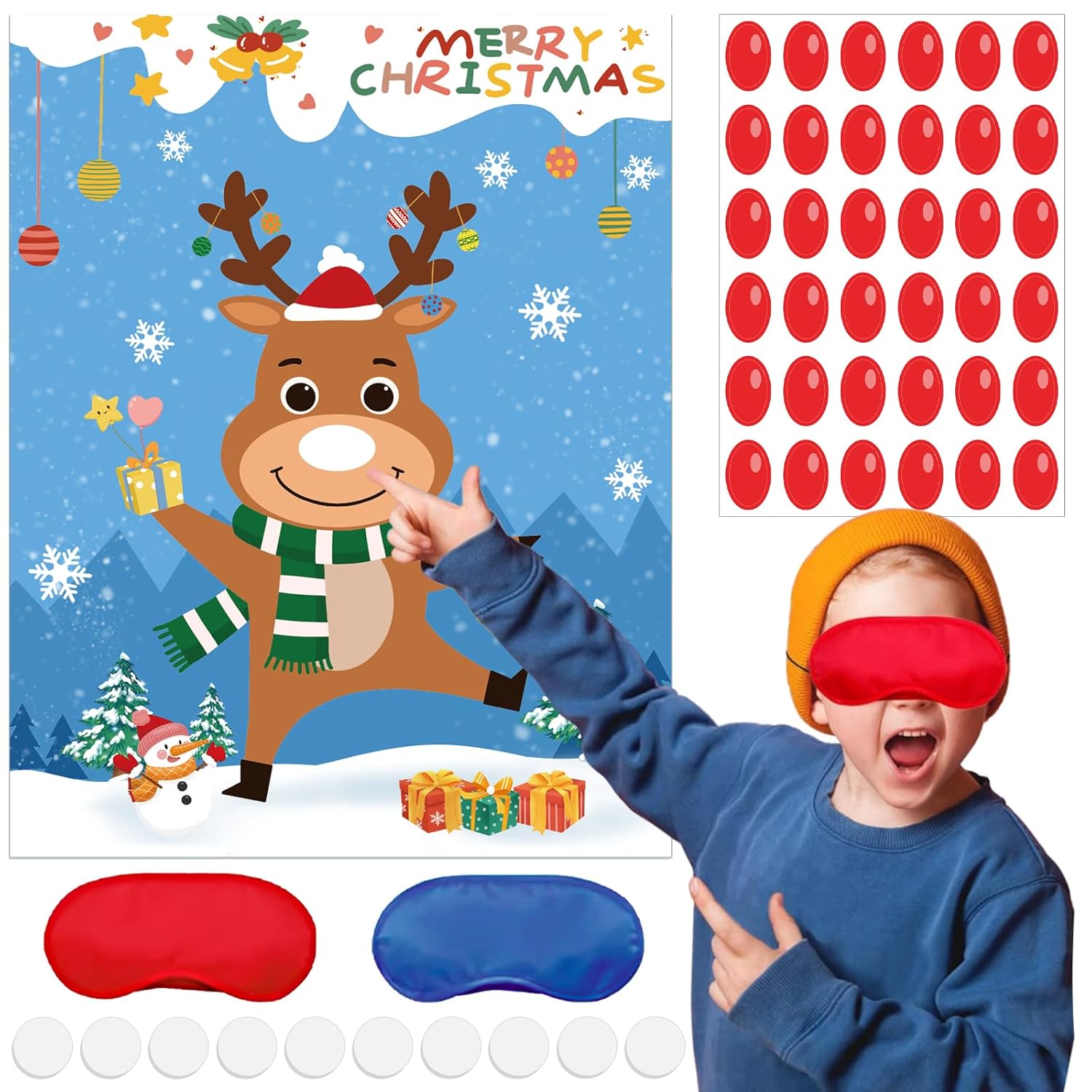 Fun Christmas Games: Pin The Nose On The Reindeer Set With 36 Noses Stickers And 2 Blindfolds - Perfect Holiday Activity For Adults And Family Party - Reusable Christmas Party Games For Adults