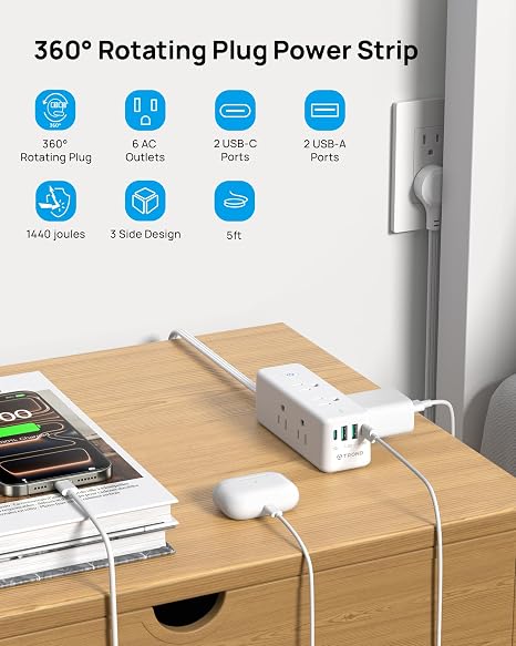 Rotating Flat Plug Surge Protector Power Strip 6 Outlets 4 USB Ports PD20W 5FT Extension Cord White