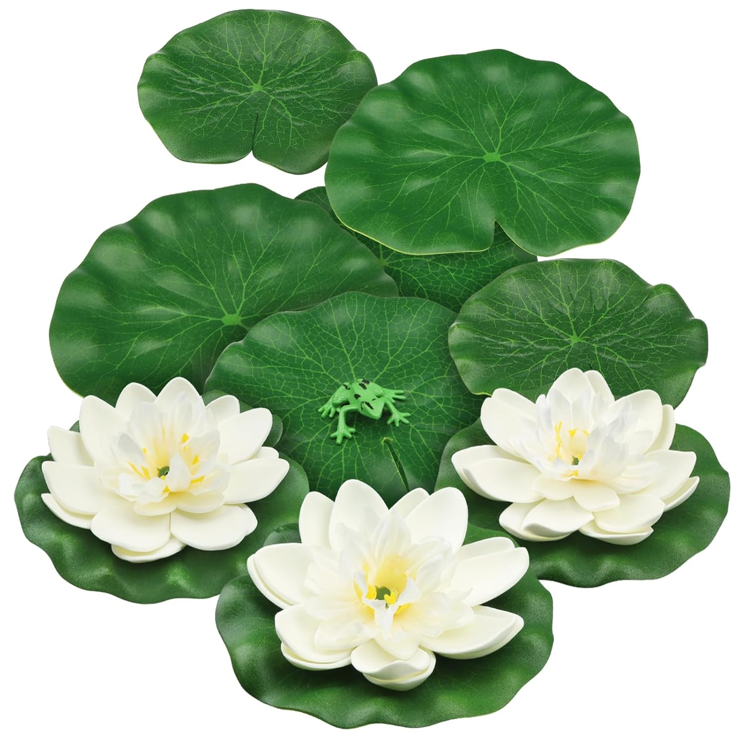 10Pcs Artificial Floating Foam Lotus Flowers With Artificial Frog Lotus Leaves, Lily Pads For Lake, Pond Plants Ornaments For Pool Aquarium Water Decoration, White