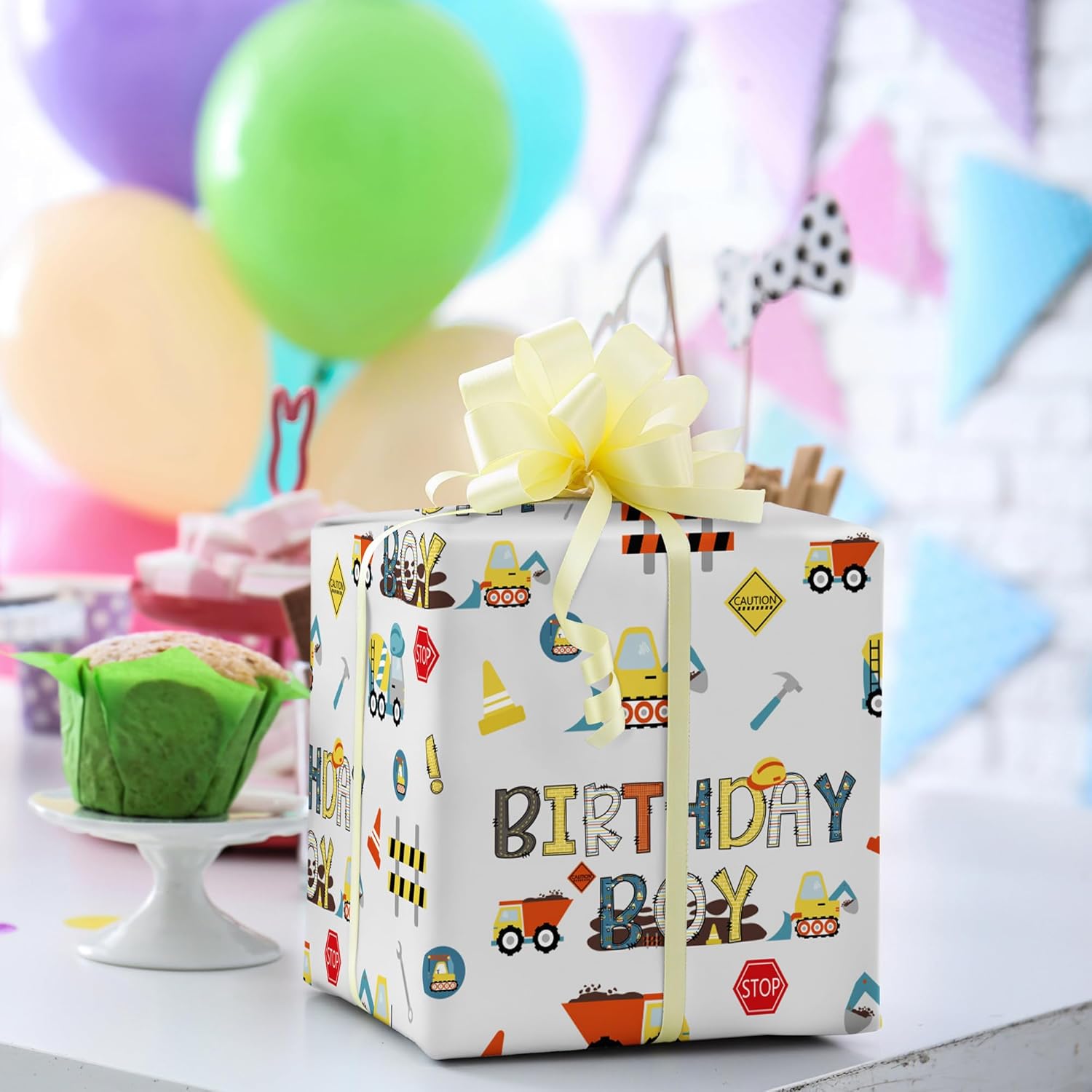 Construction Birthday Wrapping Paper For Boys - Gift Wrap With Dump Truck Excavator And Birthday Boy Lettering For Kids’ Birthday, Baby Shower - 28X40 Inches, 4 Folded Sheets