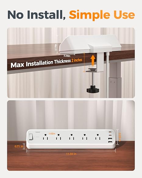 Desk Clamp Power Strip 5 Outlets 4 USB Ports 2 USB C 10FT Flat Plug Surge Protector Gray