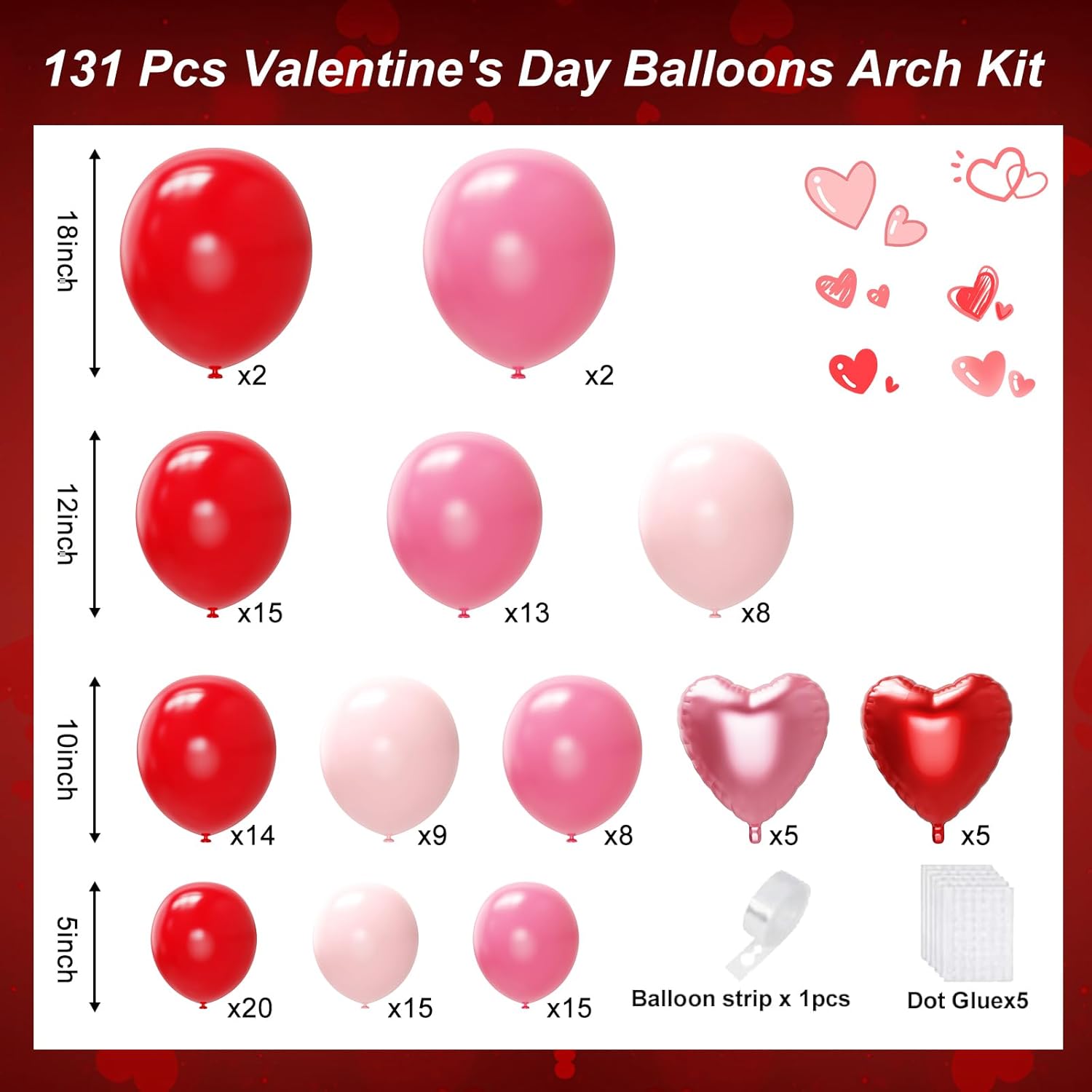 Red And Pink Valentine'S Day Balloons Arch Kit Garland, 131Pcs Pink And Red Balloons Arch Different Size For Girls Anniversary Birthday Wedding Valentines Day Decorations