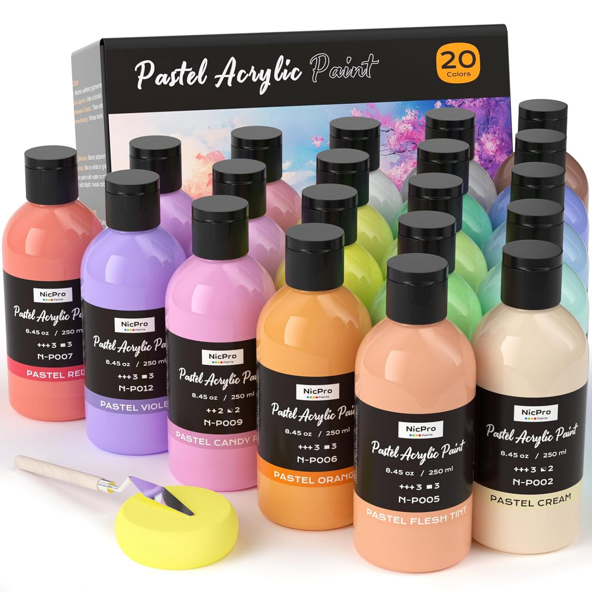20 Colors Pastel Acrylic Paint Set (8.45 Oz, 250 Ml), Large Bulk Pastel Acrylic Paint, Non Toxic Art Painting Supplies For Canvas, Rock, Wood, Fabric, Ceramic, Craft, With Knife Color Wheel