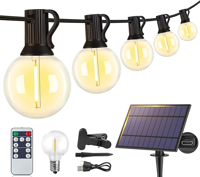 25FT Solar G40 String Lights Waterproof Dimmable Patio Lights with Remote 10+1 Bulbs