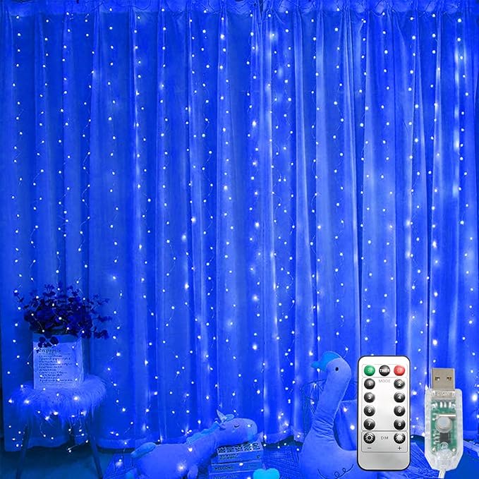300 LED Blue Curtain Fairy Lights 9.8FT x 9.8FT Twinkle String Lights with Remote Control 8 Lighting Modes for Bedroom Wedding Party Indoor Outdoor Decor