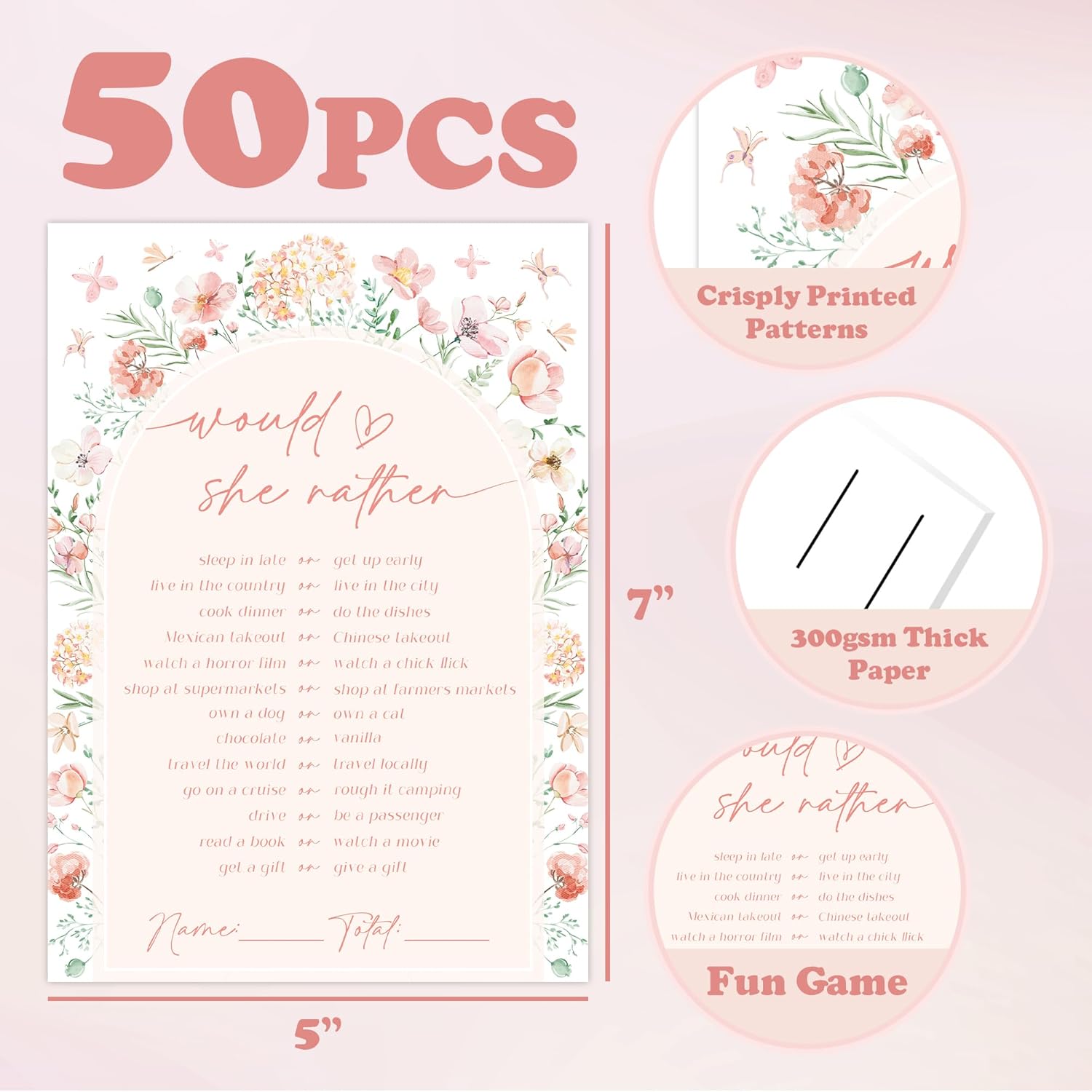 5×7” Would She Rather Games Cards - 50 Pack Floral Games Cards For Bridal Shower, Engagement Bachelorette Party, Baby Shower Party(For 50 Guests)