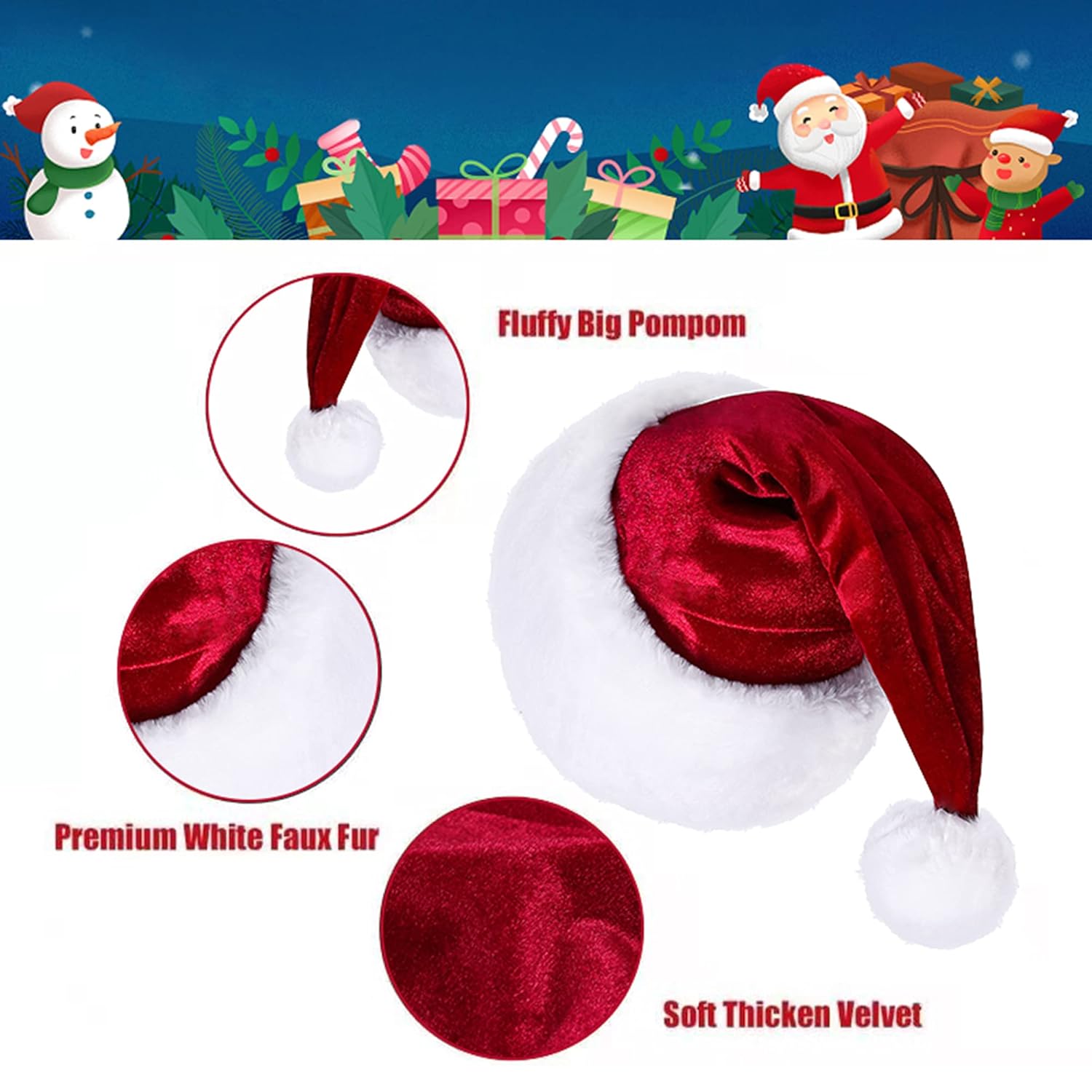 Unisex Adults Kids Velvet Comfort Wine Red Santa Hat For Christmas New Year Festive Holiday Party Supplies