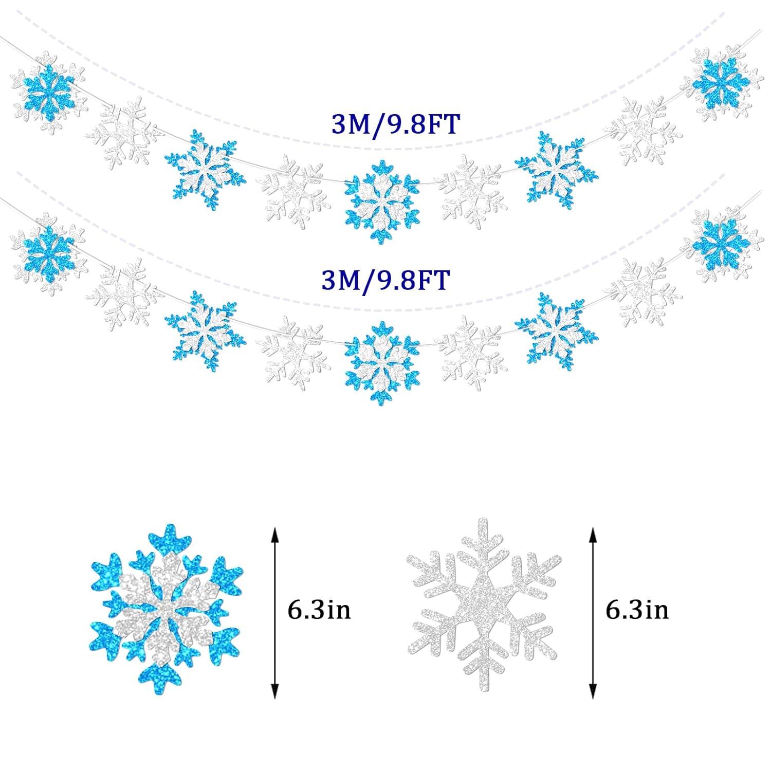 Glitter Frozen Snowflake Garland Banner Winter White And Blue Snowflakes For Wonderland Frozen Party Decorations, Birthday And Christmas Deco
