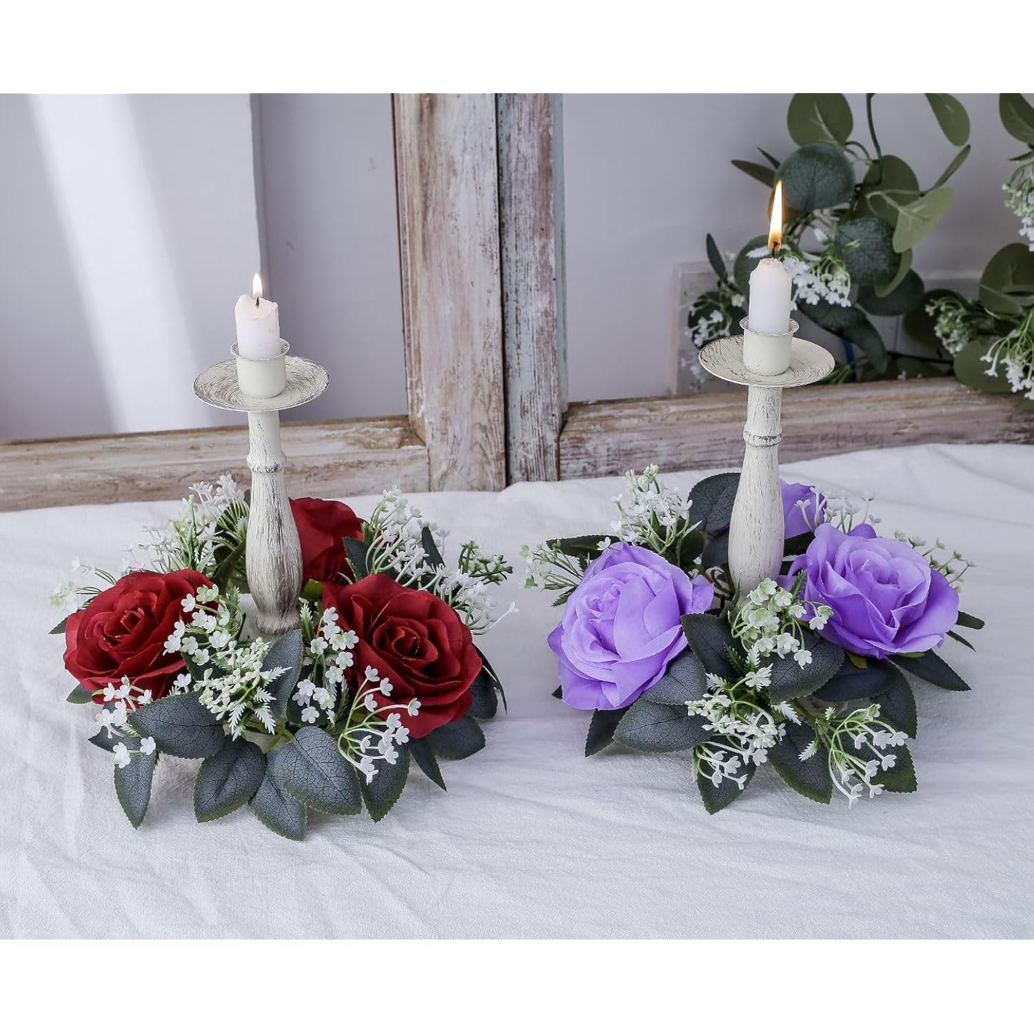 2 Pcs Artificial Rose Candle Rings Holder,Christmas Floral Wreaths With Eucalyptus Leaves Greenery Candle Rings For Pillar Candle Lantern Wedding Centerpiece Party Home Table Decor (Red)