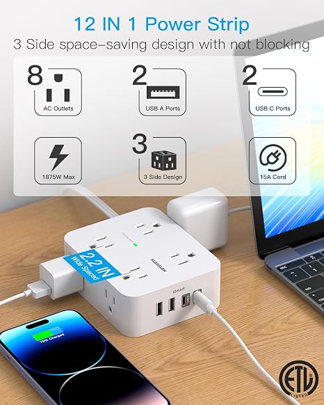 15FT Surge Protector Power Strip 8 Outlets 4 USB Ports 2 USB C Flat Plug Wall Mount Black