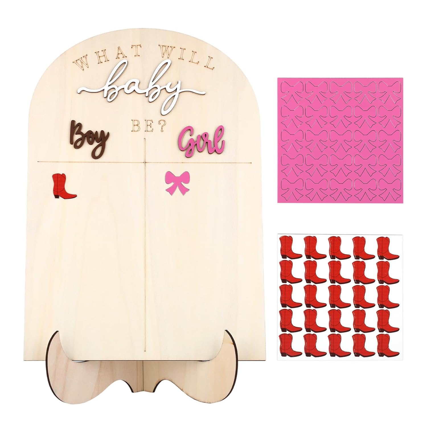 Gender Reveal Voting Board, Boy Or Girl Gender Reveal Decorations, Baby Shower Games - He Or She What Will Baby Be Guessing Game Wooden Board With Stand And Boots Or Bows Gender Reveal Decorations