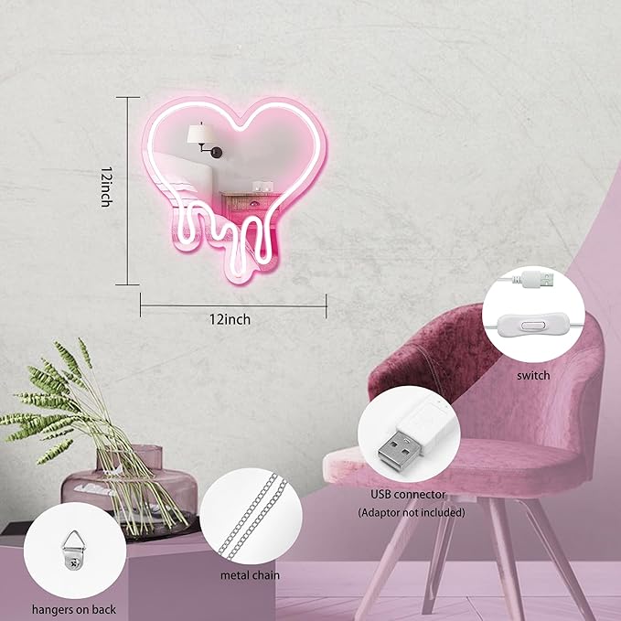 Heart Neon Sign with Mirror Pink USB LED Wall Light for Bedroom Girls Room Party Decor