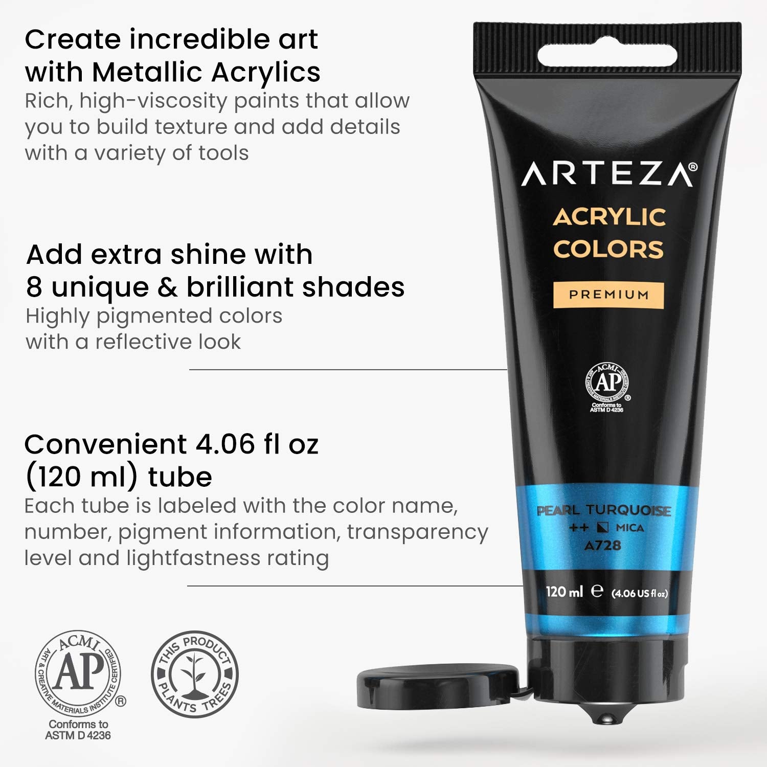 Metallic Acrylic Paint, Set Of 8 Classic Elements Colors 4.06Oz Tubes, Rich Pigments, Non Fading, Paints For Artists & Hobby Painters, Art Supplies For Canvas Painting & Crafts